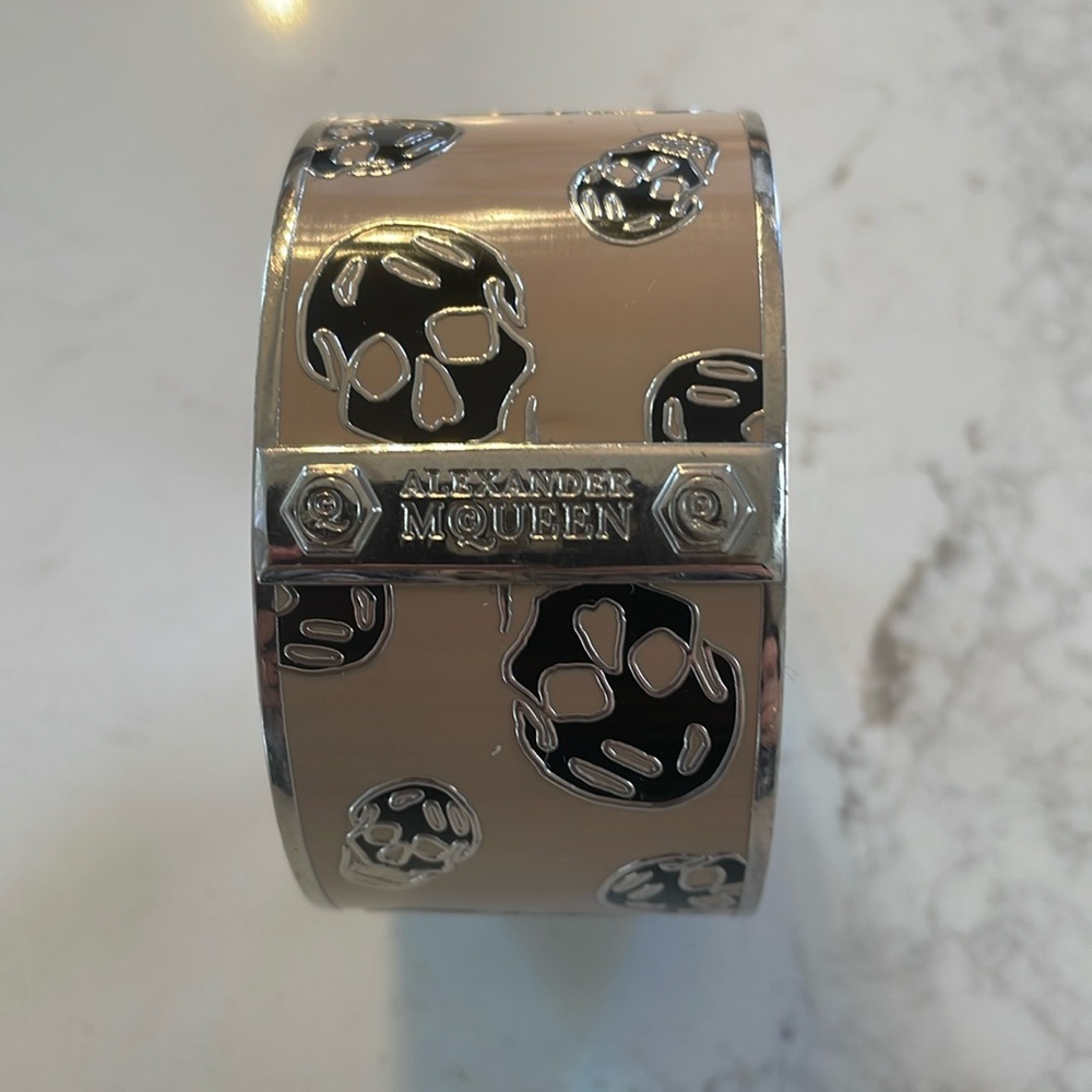 183.Alexander McQueen Silver SkullCuff Bracelet with pink and black enamel inlay